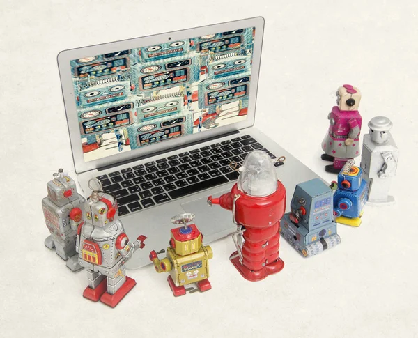 Robots Chat Each Other Laptop Isolated Stock Photo