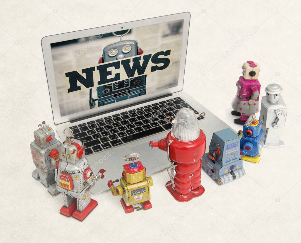 retro robots gather round a laptop to watch the  fake News isolated 