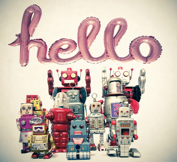Takım Retro Robotlar Bir Balon Merhaba Tonlu Görüntü — Stok fotoğraf