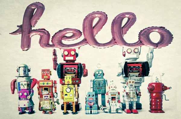 Equipo Robots Retro Globo Hola Tonificado Imagen —  Fotos de Stock