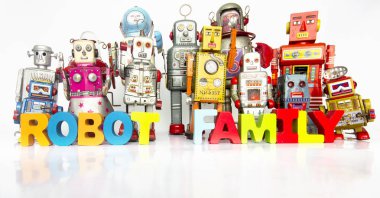 Big Family of robots with thw words ROBOT FAMILY  with wooden letters clipart