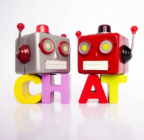 Dos Cabezas Robot Retro Chatiing Aislado Blanco Con Palabra Chat —  Fotos de Stock