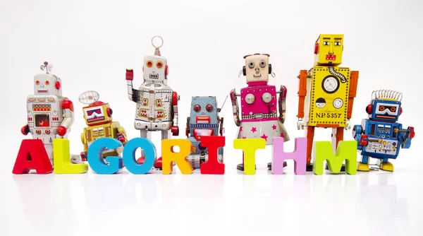 Word Algorithm Wooden Letters Retro Robot Toys White Royalty Free Stock Images