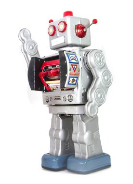Retro gümüş robot izole edilmiş el sallıyor. 