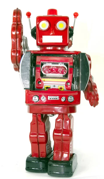 Red retro robot waving isolated — Stock Photo, Image