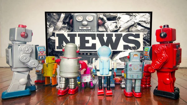 Retro Robotlar Sahte Haberleri Izliyor — Stok fotoğraf
