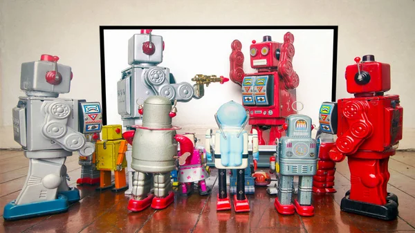 retro robots watch the News about police brutality