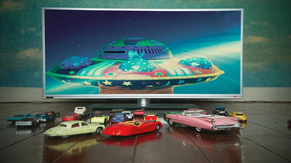 Concept Drive Dans Film Avec Des Jouets Rétro — Photo