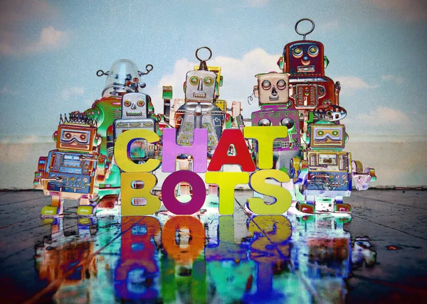 Chat Bots Lettere Legno Giocattoli Robot Retrò Pavimento Legno Con — Foto Stock