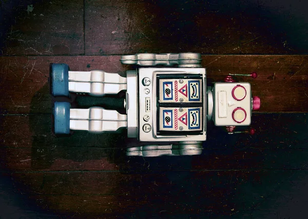 Juguete Robot Plata Retro Acostado Viejo Piso Madera —  Fotos de Stock