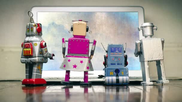 映画4台のロボットがラップトップでパニックにならないように — ストック動画