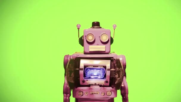 レトロピンクのロボットのおもちゃと緑の画面はいいいえぐらつき — ストック動画