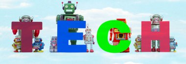 Retro teneke robot oyuncakları TECH bulutu sözcüğünü engeller 
