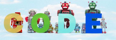 Retro teneke robot oyuncakları kod bulutu kelimesini engeller 
