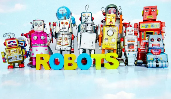 Grande Famiglia Robot Con Parole Thw Robots Con Lettere Legno — Foto Stock