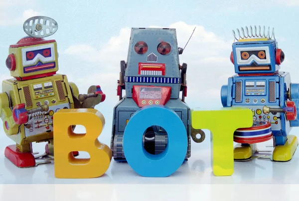 Tre Robot Parola Bot Nuvole — Foto Stock