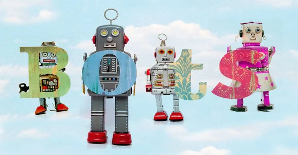 Retro Cínové Robotické Hračky Drží Slovo Bots Cloud — Stock fotografie