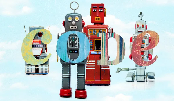 Retro Roboterspielzeug Aus Blech Hält Das Wort Code Isoliert Auf Stockbild