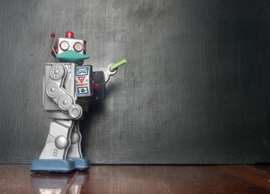Retro robot öğretmen ve tahtası 