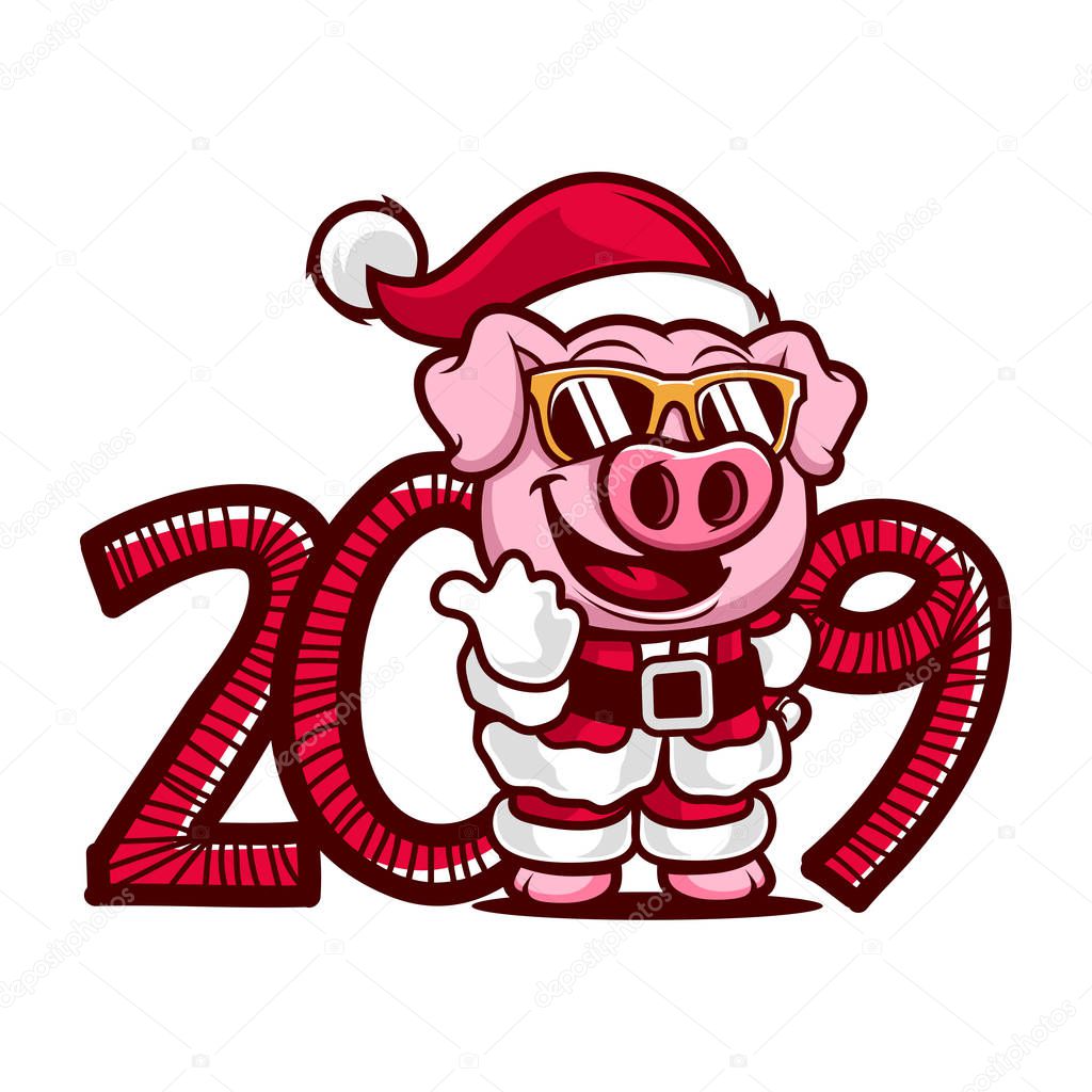 Cartoon pig with the sunglasses 2019 year icon in vector. Fully editable file