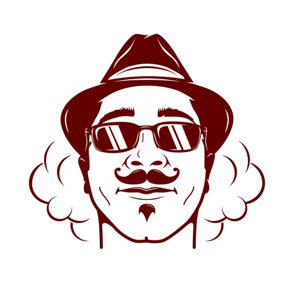 Hipster Face Mustache Stylish Hat Smoke Fully Editable Vector Illustration — Stock Vector