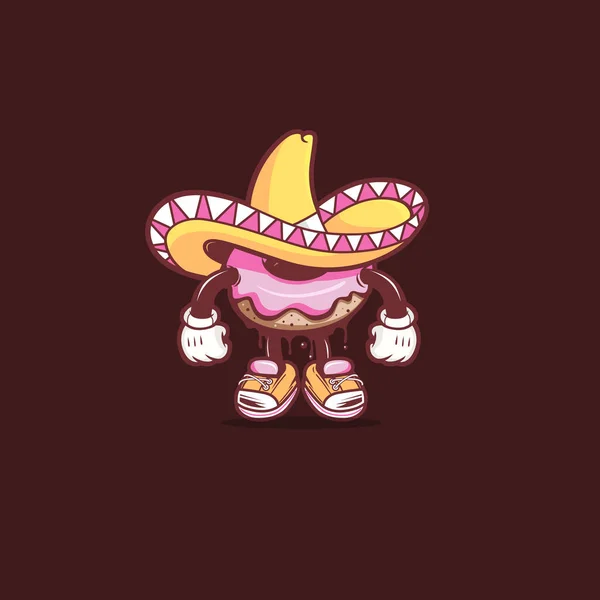 Mascote Donut Com Chocolate Touca Mexicana — Vetor de Stock