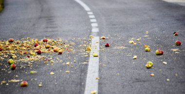 Olgun elma bir asfalt yolda görüntüsünü yayılmış bir