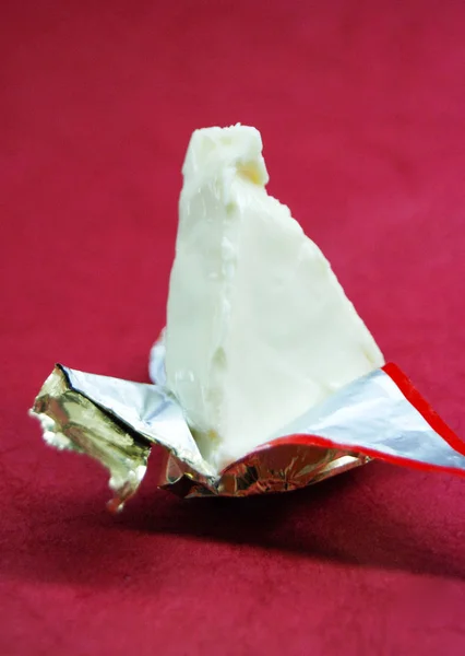 Чистый Треугольный Сыр Пустой Этикеткой Красном Фоне Изображение — стоковое фото
