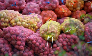 Olgun elma toplanan suyu endüstrisi, görüntü için bir kafes torbalarda bir