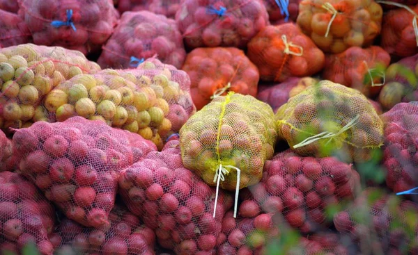 Pommes Mûres Recueillies Dans Sac Maille Pour Industrie Jus Image — Photo