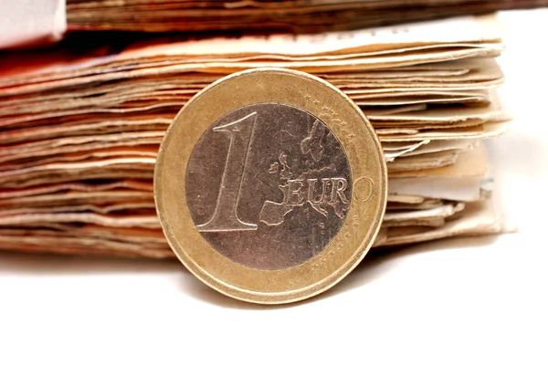Uma Moeda Euro Sobre Fundo Nota Imagem Uma — Fotografia de Stock