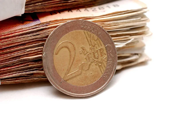 Κέρμα Δύο Ευρώ Τραπεζογραμμάτια Φόντο Εικόνα Του Ένα — Φωτογραφία Αρχείου