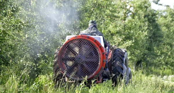 Traktor sprutar insektsmedel i apple orchard fält — Stockfoto