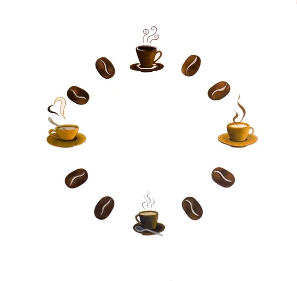 咖啡豆和杯子在白色背景下呈圆形隔离 图库图片