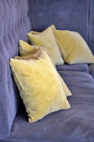 Graues Sofa Mit Gelb Braunen Kissen Bild — Stockfoto