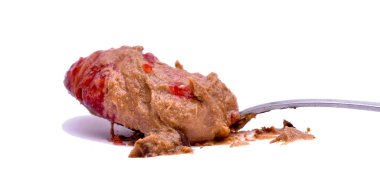 Kakaolu vanilyalı krema beyaz arka planda bir kaşık üzerinde