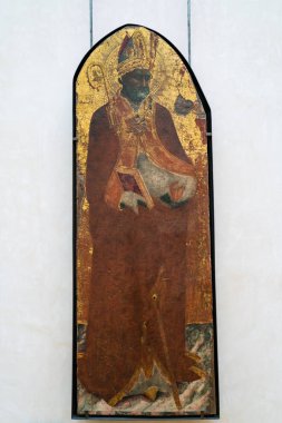 Paris, Fransa - 15 Şubat 2018: Louvre Müzesi'nde Sanat Galerisi'nde ahşap tahta üzerinde antik simge boyalı. Louvre Müzesi dünya çapında en büyük ve en çok ziyaret edilen müzelerinden biridir