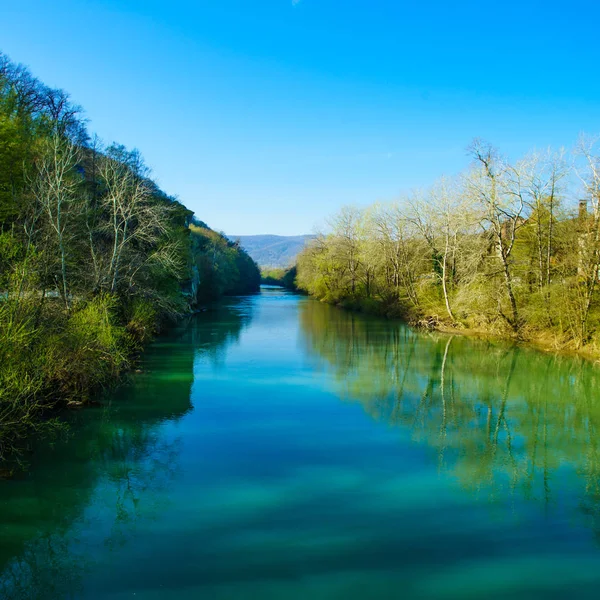 蓝色的河流穿过绿色的森林 — 图库照片