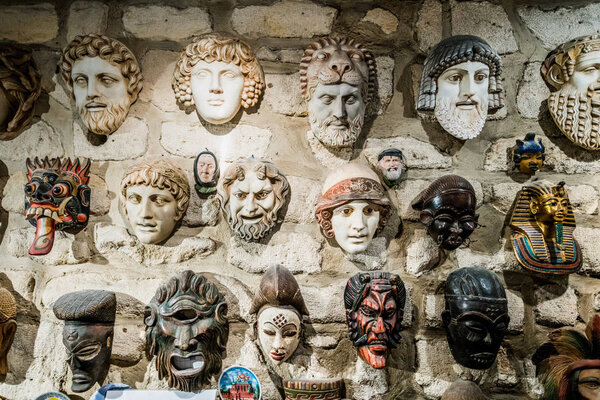 masks hanging on wall. Collection of  masks