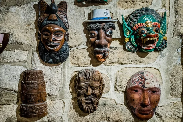 masks hanging on wall. Collection of  masks