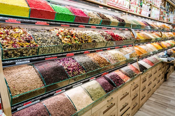 Tea shop. Colorful counter with tea