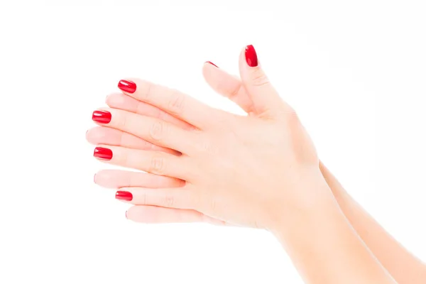 Elegante manicure feminina na moda. unhas de manicure vermelho Fotografia De Stock