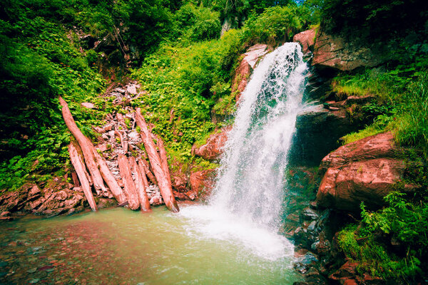 Park of waterfalls Mendeliha. Forest river and waterfall. Sochi.