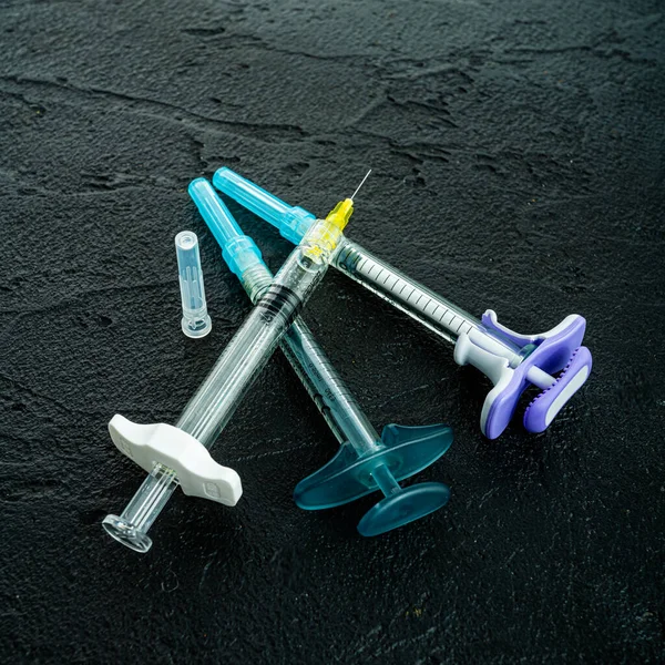 Medical Injection Syringes Solution Black Background — Stock Photo, Image