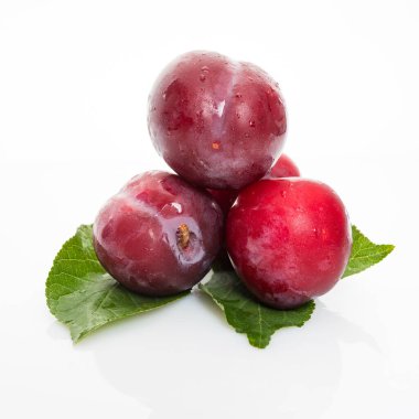 Beyaz arka planda erik yapraklı erikler