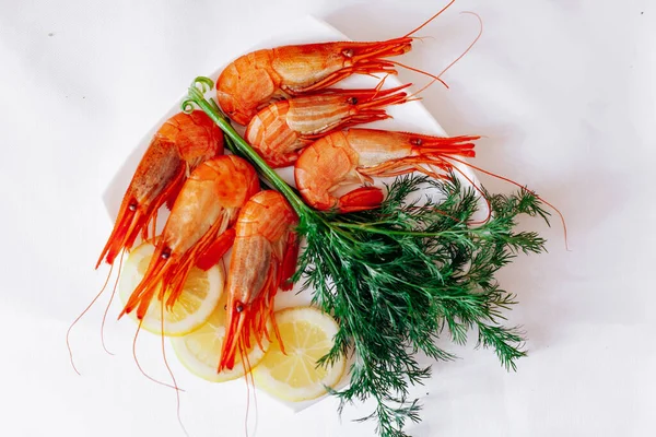 Camarones Plato Con Limón Eneldo Fondo Blanco — Foto de Stock