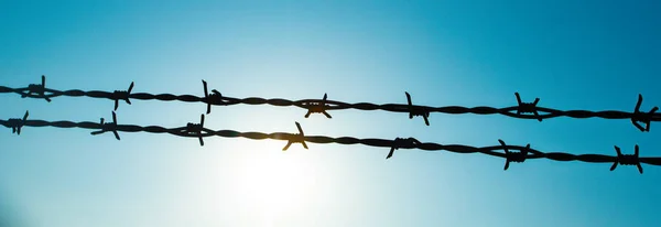 Background of barbed wire against the sky.