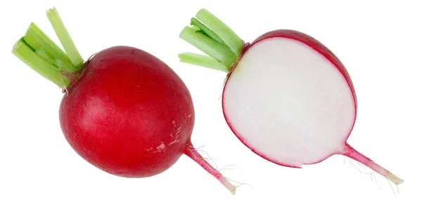 Frisches Rotes Rundes Frühlingsrettich Gemüseset Isolaten Auf Weißen Studio Makroaufnahmen — Stockfoto