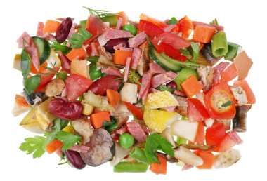 Minyatür mikro parçalar mutfak gıda kavramı artalanları atık. Üstten görünüm üzerinde beyaz studio makrosu vurdu izole