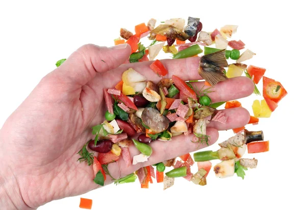 烹调你的手整理小块的食物废料 以免扔掉好的 孤立的白色演播室宏观概念 — 图库照片